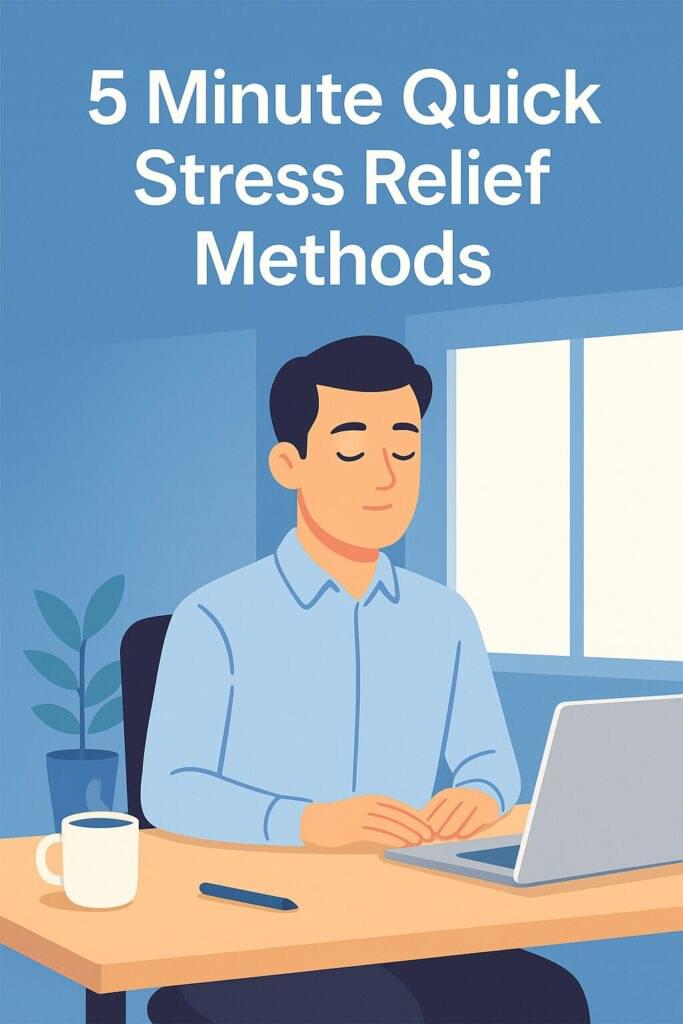 Illustration of a professional man sitting at an office desk with eyes closed practicing a calming breathing exercise, with the text “5 Minute Quick Stress Relief Methods” displayed above him in a soft blue wellness themed design.