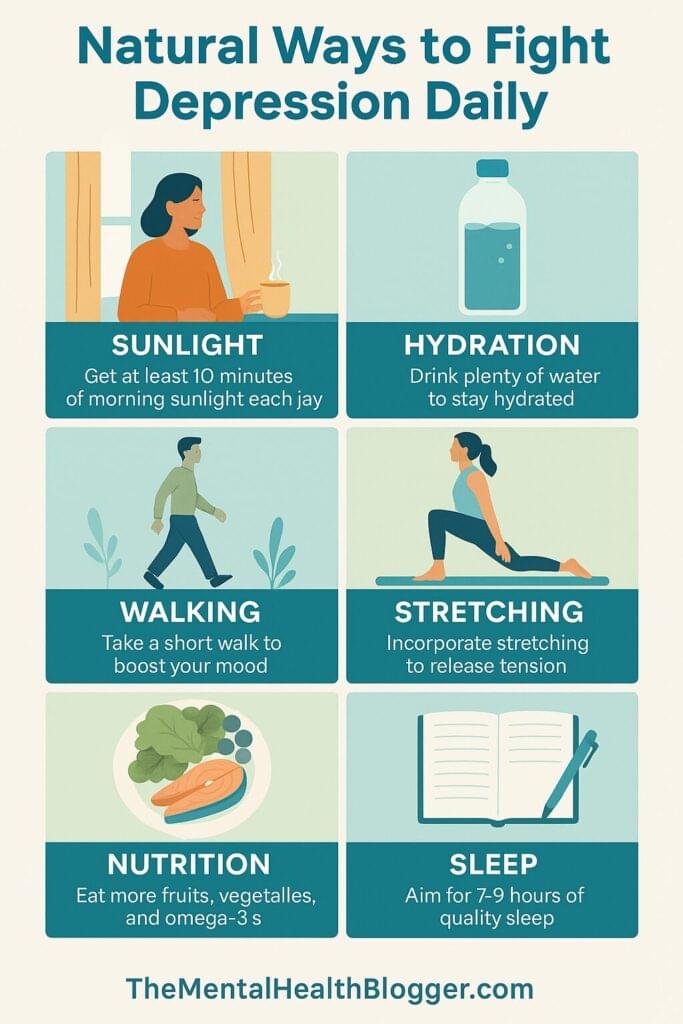 Infographic titled Natural Ways to Fight Depression Daily showing eight mood boosting habits including sunlight, hydration, walking, stretching, nutrition, journaling, sleep, and self compassion, illustrated with calming blue and green wellness graphics from TheMentalHealthBlogger.com.