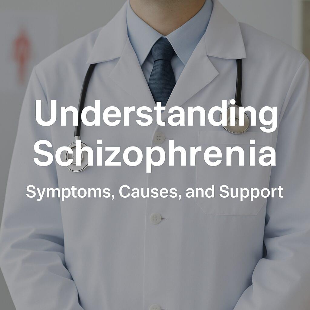 A high quality realistic medical themed banner showing a doctor in a white lab coat with a stethoscope, featuring bold white Arial text that reads Understanding Schizophrenia Symptoms Causes and Support, symbolizing mental health education and clinical support.