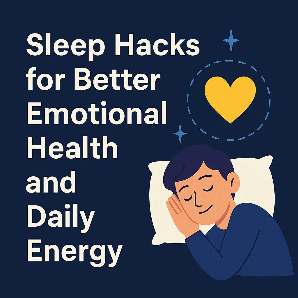 300x250 banner of a person peacefully sleeping on a pillow with a glowing heart and stars on a dark blue background. Mental health and sleep wellness theme for Sleep Hacks for Better Emotional Health and Daily Energy.
