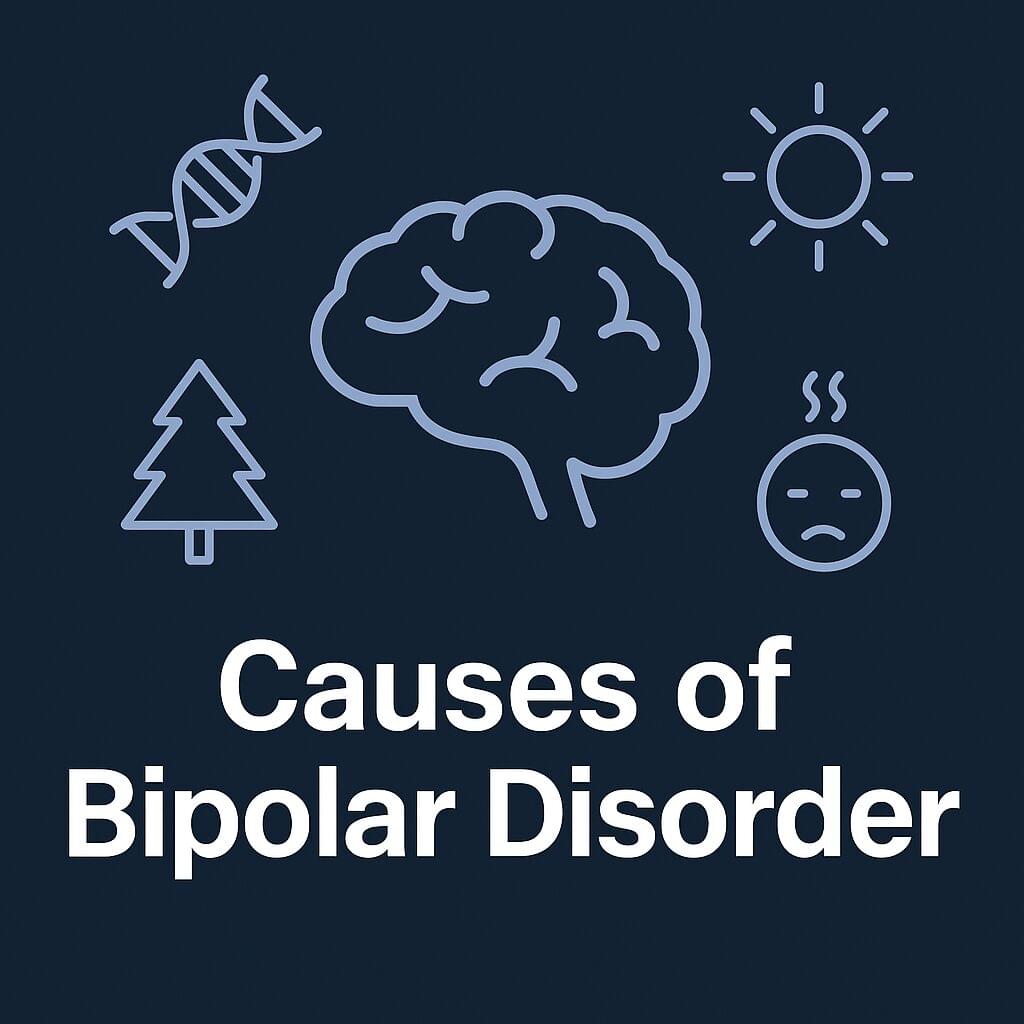 "300x250 banner with a navy blue background showing a simple brain icon surrounded by DNA strands, sun and tree symbols, and stress icons with bold white text that reads Causes of Bipolar Disorder."